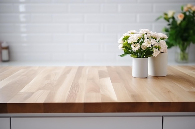 Mesa de madeira de título em fundo branco de cozinha moderna