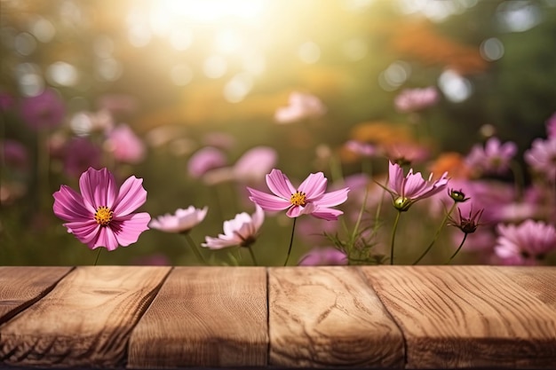 Mesa de madeira decorada com um buquê colorido de flores rosa Generative AI