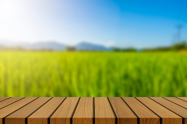 Mesa de madeira e borrão de beleza em um dia ensolarado no campo de arroz com o céu e as montanhas como pano de fundo.