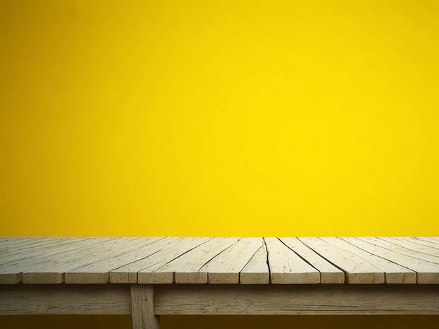 Mesa de madeira e desfoque de fundo de cor amarela tropical montagem de exibição de produto Foto de alta qualidade