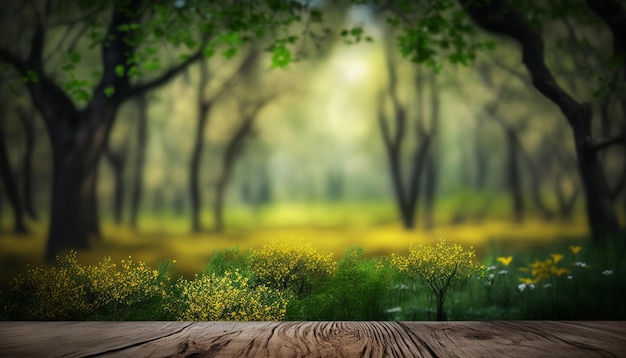 Mesa de madeira e fundo de floresta de primavera generativo ai