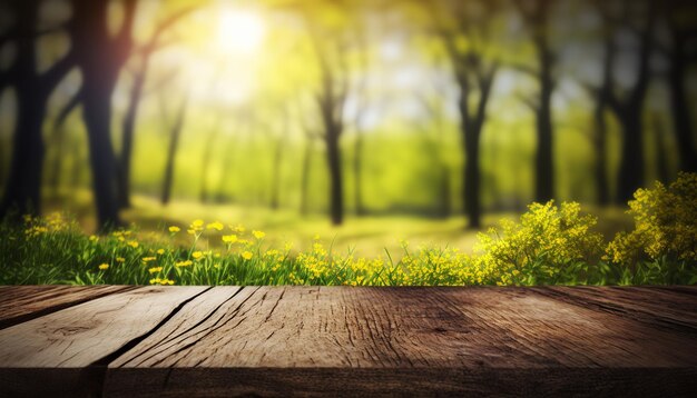 Mesa de madeira e fundo de floresta de primavera generativo ai