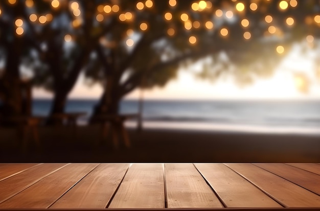 Foto mesa de madeira e fundo desfocado de cafés de praia com luzes de bokeh foto de alta qualidade ia geradora