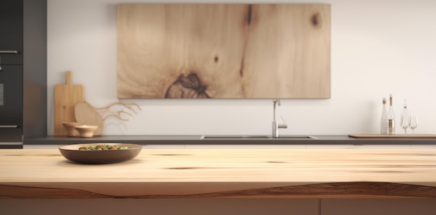 mesa de madeira e no fundo uma cozinha