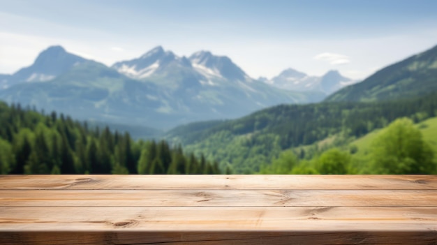 Mesa de madeira em Blur Hill montanha um nascer do sol natureza paisagem de fundo com tábua de mesa pode ser u