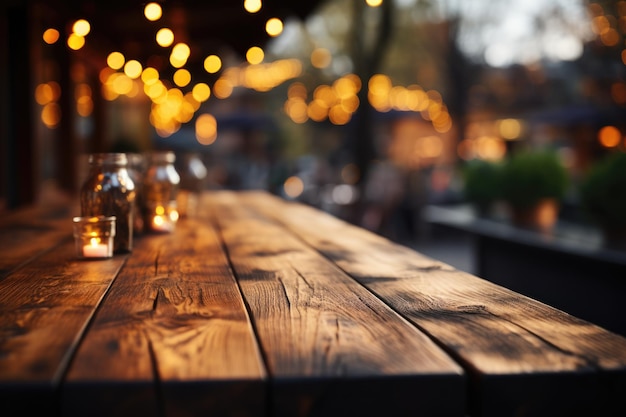 Mesa de madeira em café de rua e fundo desfocado ao ar livre IA generativa