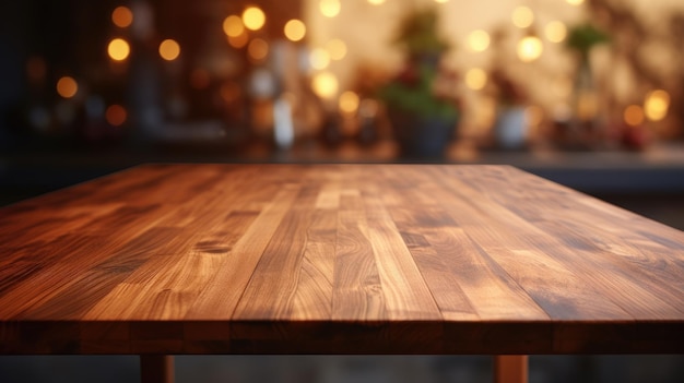 Foto mesa de madeira em espaço de fundo de cozinha desfocado