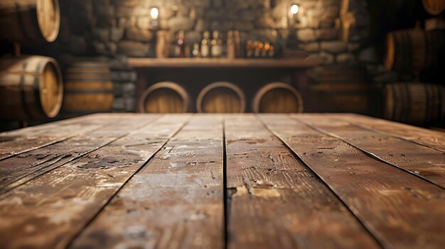Mesa de madeira em frente à adega de vinho com barril e barris de vinho