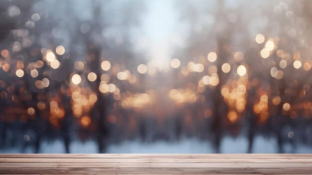 Mesa de madeira em frente à floresta de inverno borrada com luzes bokeh