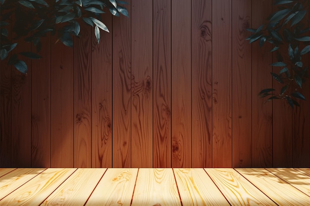 Foto mesa de madeira em frente à parede de madeira de árvore de chuva