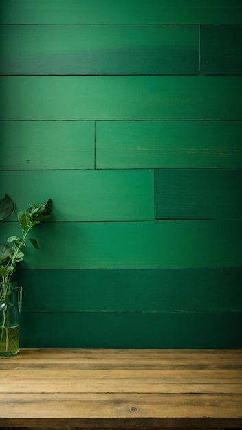 Mesa de madeira em frente à parede de madeira verde Pronto para montagem de exposição de produtos Foto de alta qualidade