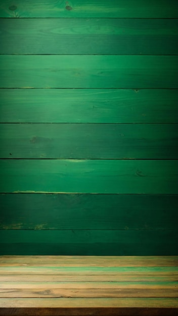 Mesa de madeira em frente à parede de madeira verde Pronto para montagem de exposição de produtos Foto de alta qualidade