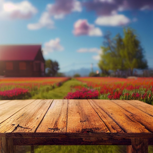 Foto mesa de madeira em frente ao campo de flores ilustração 3d a mesa é feita de madeira desgastada