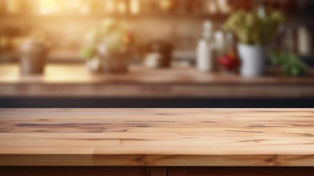 Foto mesa de madeira em fundo de banco de cozinha desfocado mesa de madeira vazia e fundo de cozinha difuso