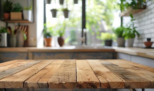 Mesa de madeira em fundo de sala de cozinha borrada Interior moderno de sala de cociña contemporânea