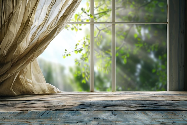 Mesa de madeira em janela desfocada com fundo de cortina