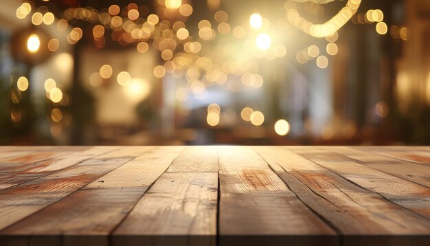 Mesa de madeira em restaurante borrado com luz bokeh Parabéns Natal festivo