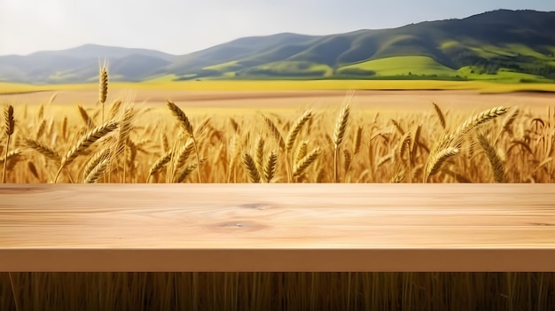 Mesa de madeira em um campo em um campo de trigo