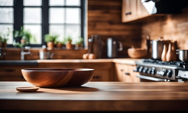 Mesa de madeira em um cenário de cozinha desfocado para exibir produtos ou criar designs visuais