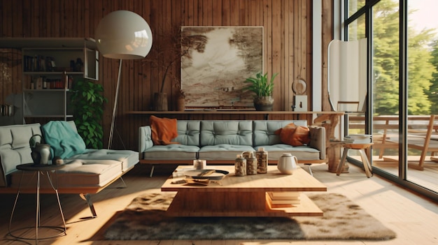 mesa de madeira em uma sala de estar aconchegante