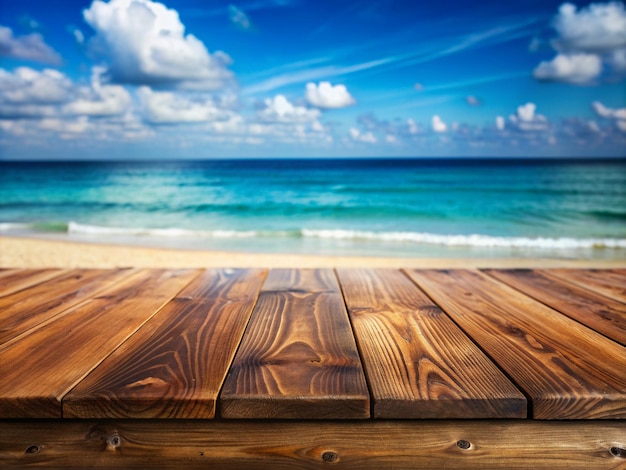 mesa de madeira escura vazia no fundo da praia