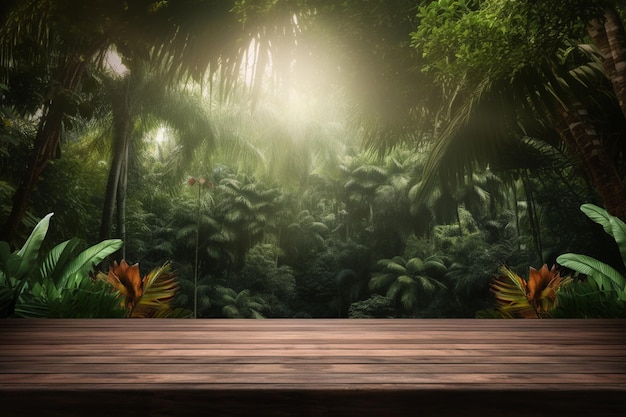 Mesa de madeira fotográfica 3D com fundo de floresta tropical ou jardim para colocação de produtos