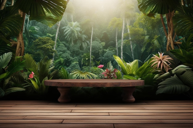 Mesa de madeira fotográfica 3D com fundo de floresta tropical ou jardim para colocação de produtos