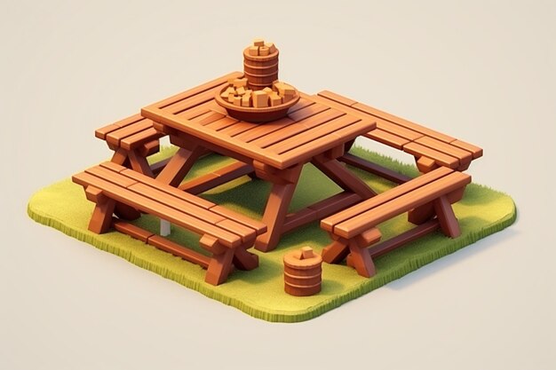 Mesa de madeira isométrica para piquenique com comida