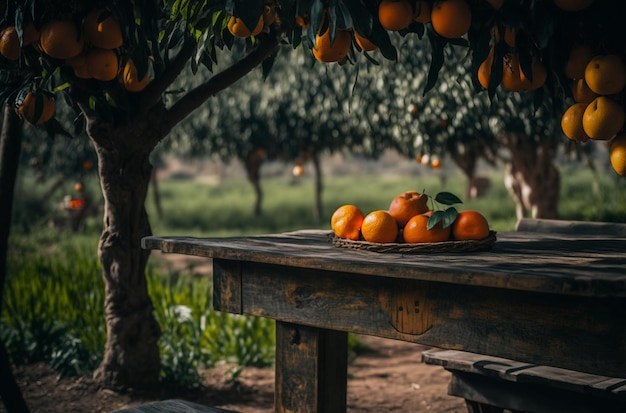 Mesa de madeira jardim laranja e fundo desfocado Generative AI