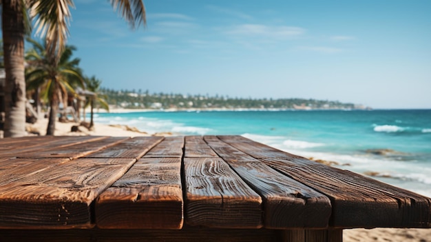 mesa de madeira legal com fundo de praia