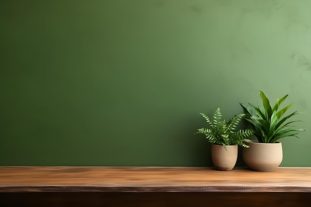 Mesa de madeira marrom com vasos de plantas e fundo de parede verde Foto de alta qualidade