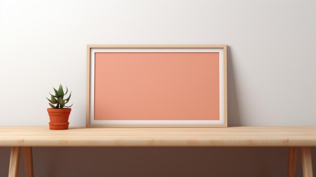 Foto mesa de madeira minimalista com moldura rosa e vaso de flores em 3d