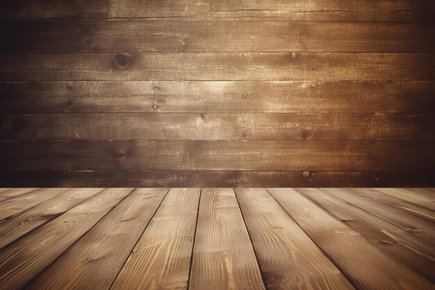 Mesa de madeira na frente da parede de madeira fundo desfocado