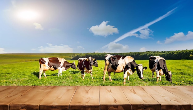 Mesa de madeira na frente de vacas pastando em um campo verde