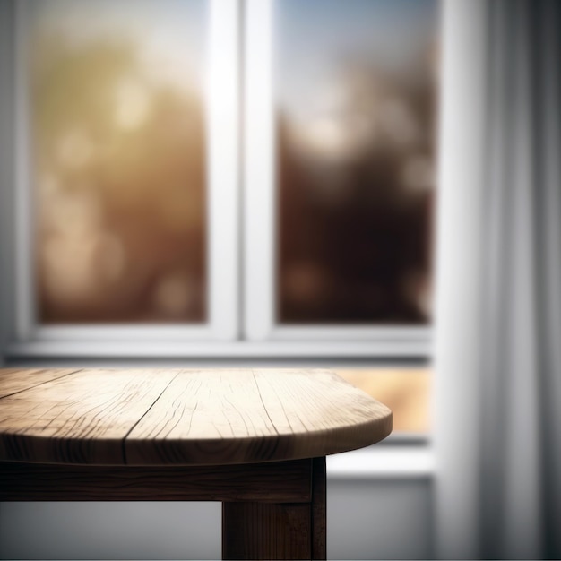 Mesa de madeira na janela desfocada com cortina