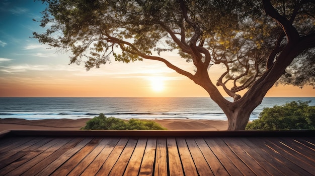 Mesa de madeira na praia com vista para o mar durante o pôr do sol ou a silhueta do nascer do sol da árvore tropical no terraço à beira-mar idílica