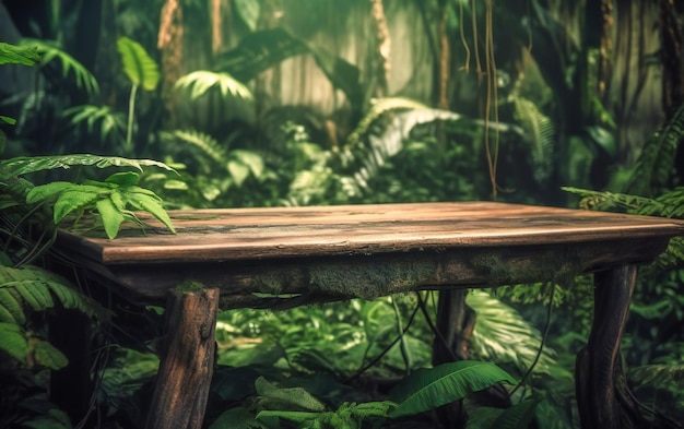 Mesa de madeira na selva com folhas verdes