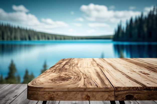 Mesa de madeira no fundo de um espaço de cópia vazio do lago da floresta Generative AI