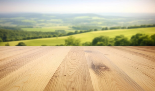 Mesa de madeira no fundo desfocado de prados e campos e do céu