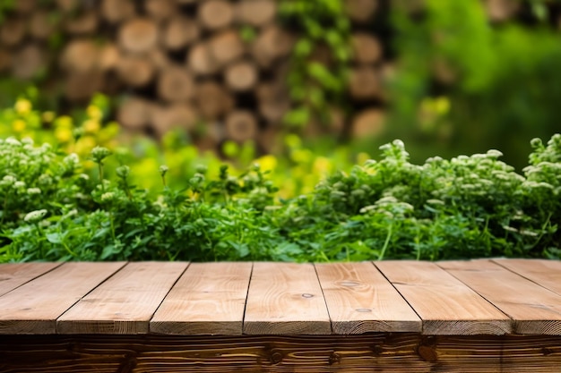 Mesa de madeira para exibição de produtos com IA generativa de ervas sazonais