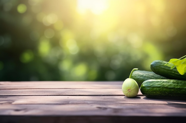 Mesa de madeira para exibição de produtos com IA generativa de pepino