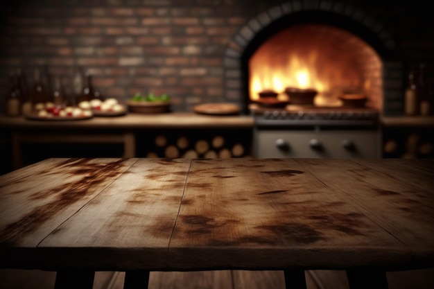 Mesa de madeira para exibição de produtos de pizza em forno de pizza IA generativa
