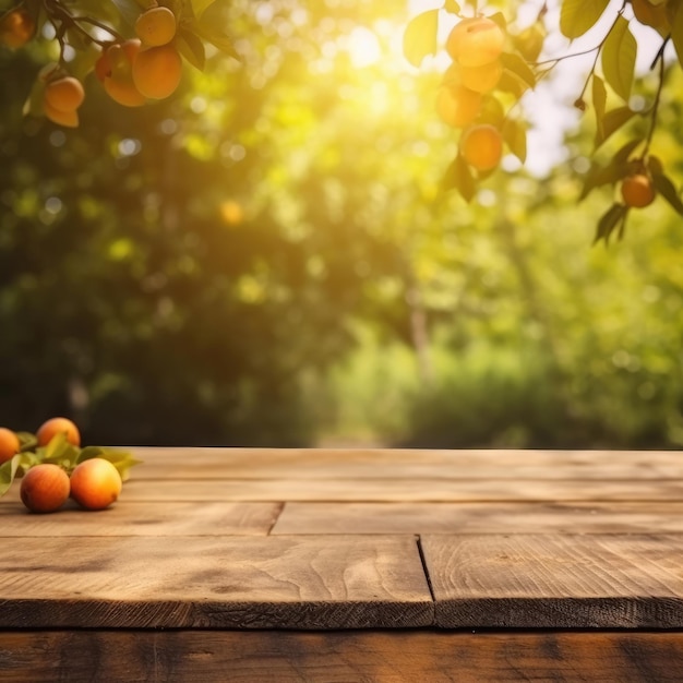 Mesa de madeira para fundo de jardim de restaurante de produtos