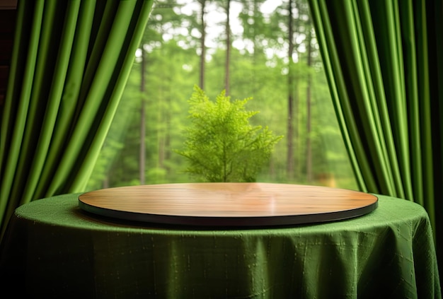 Mesa de madeira redonda vazia com cortina verde e fundo florestal Para exibição de produtos