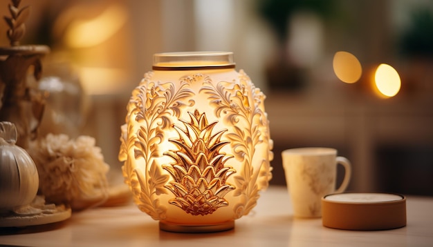 Foto mesa de madeira rústica adornada com cerâmica antiga e vela gerada por inteligência artificial