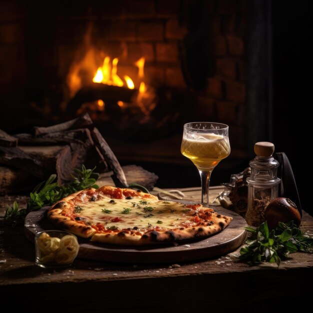 Mesa de madeira rústica com pizza Margarita com fogo nas costas Owen generativo ai