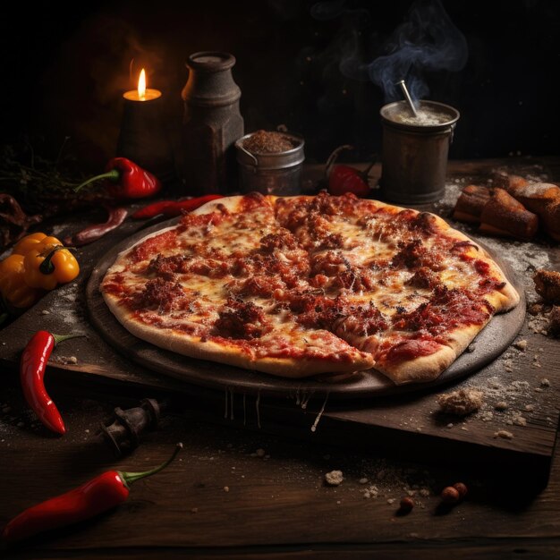 Mesa de madeira rústica com pizza Margarita com fogo nos fundos owen generative ai
