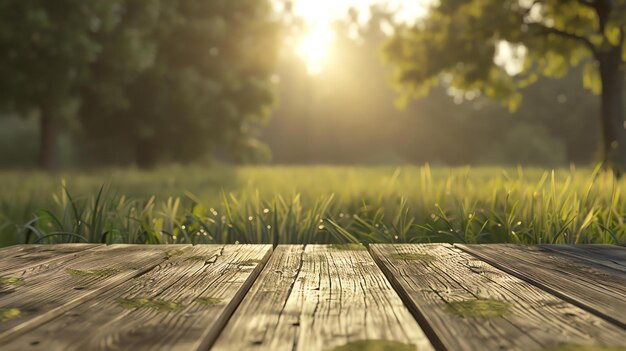 Mesa de madeira rústica com um fundo desfocado de um campo verde exuberante e um caloroso pôr-do-sol