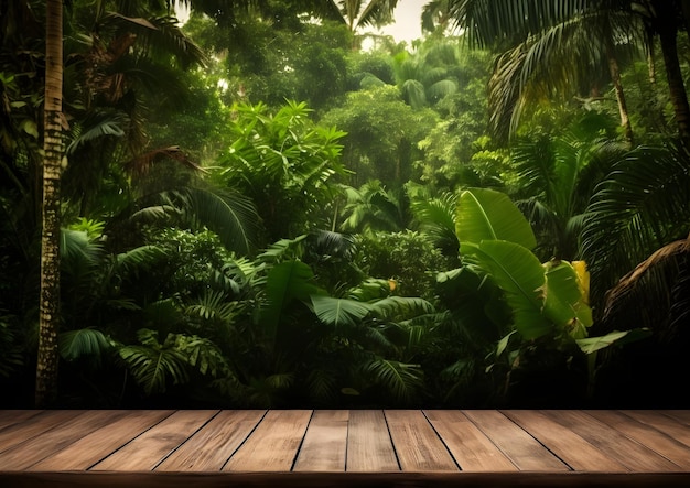Foto mesa de madeira rústica contra a folhagem tropical exuberante no coração da selva ia generativa