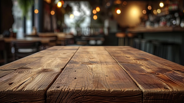 Mesa de madeira rústica em um restaurante com um fundo desfocado